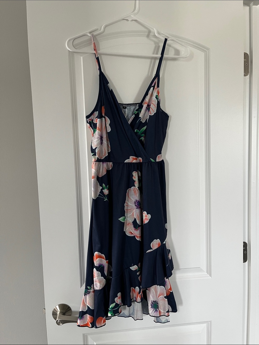 Floral Navy Wrap-Front Sundress with Ruffle Hem